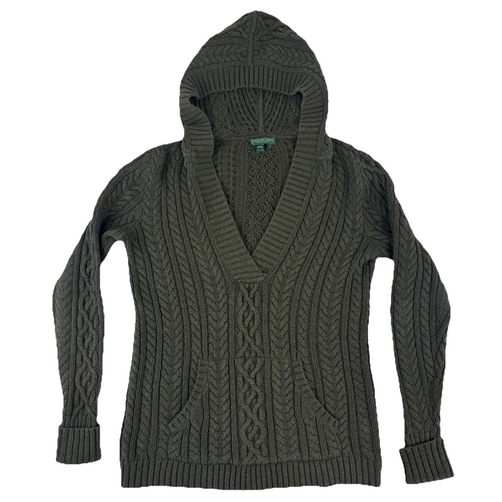Ralph‎ Lauren Cable Knit Hoodie Sweater Women's Small Olive Green Quiet Luxury